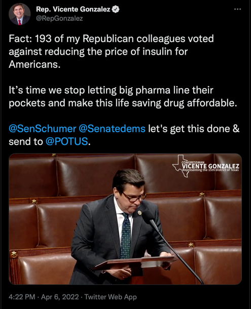 Screenshot of Congressman Gonzalez's tweet with the video of his speech on the house floor.